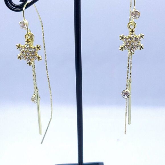 Dainty CZ Snowflake Earrings Gold Thread Dangle Holiday Wedding Formal Jewelry - Picture 6 of 8